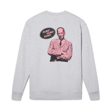 Gray sweatshirt with a graphic of a person in a pink suit and text on the back, on a white background. Adult mens sweatshirt womens sweatshirt featuring John Waters